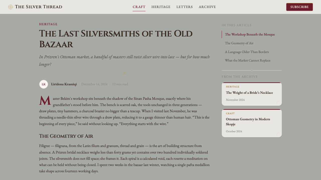 Kosovar Prizren Filigree Silver design style applied to a Article page