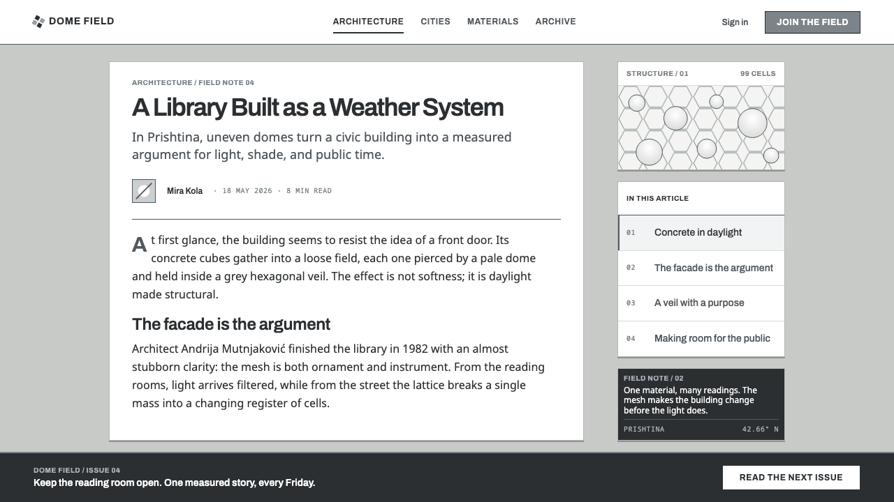 Prishtina National Library design style applied to a Article page