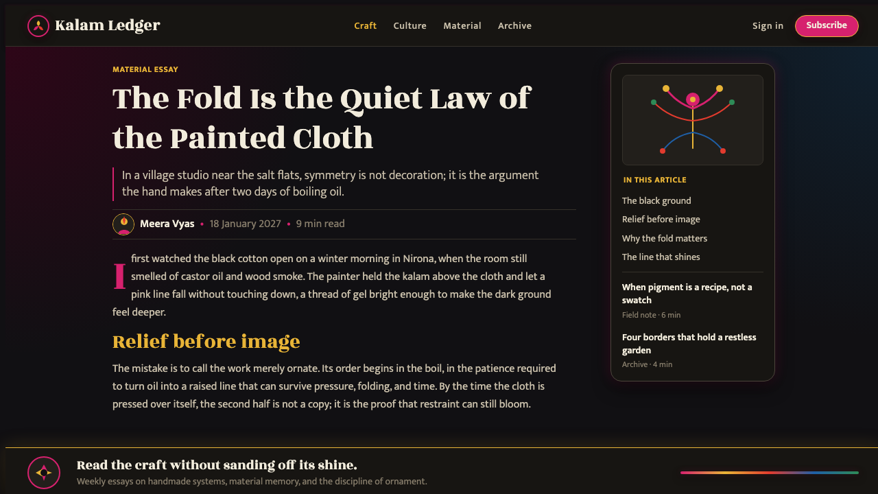 Kutch Rogan Castor-Oil Painting design style applied to a Article page