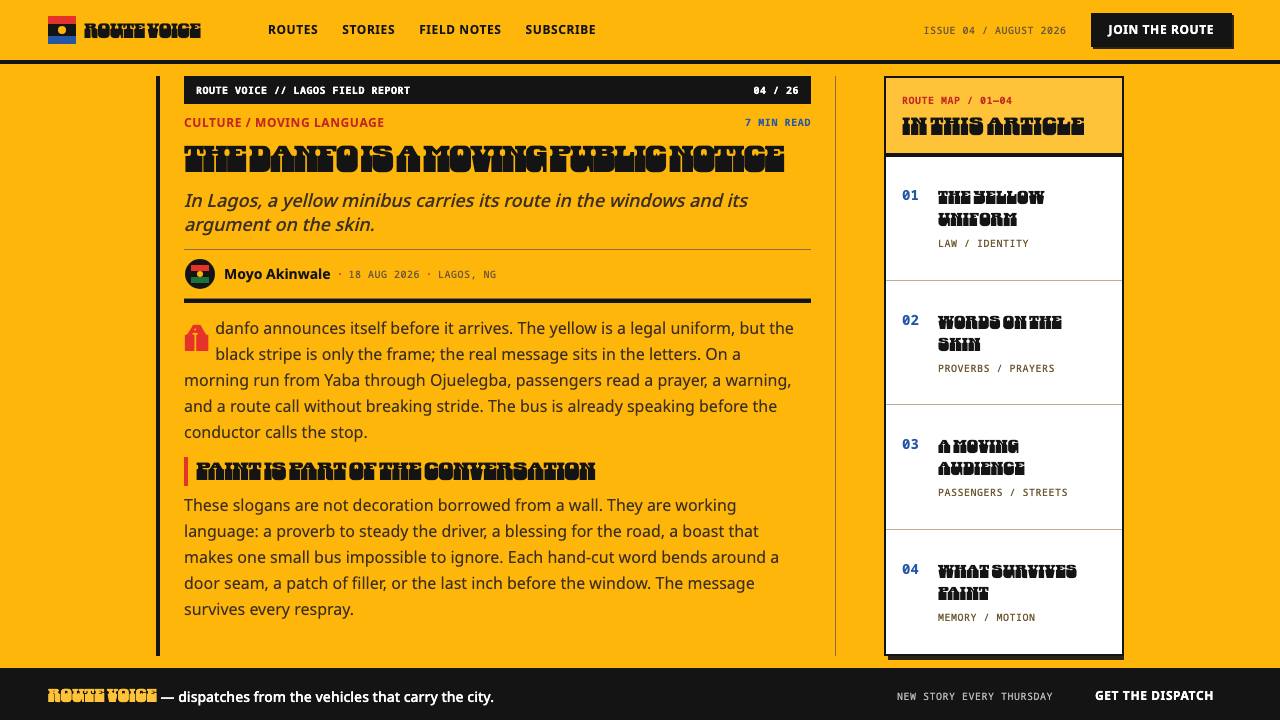 Lagos Danfo Slogans design style applied to a Article page