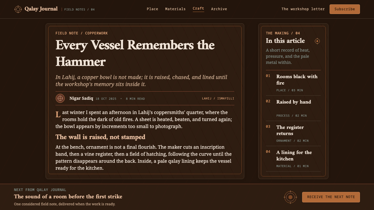 Lahic Coppersmith design style applied to a Article page