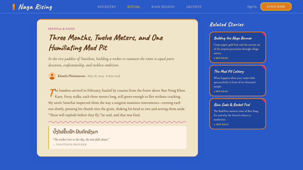 Lao Luang Pho (Bun Bang Fai Rocket) design style applied to a Article page