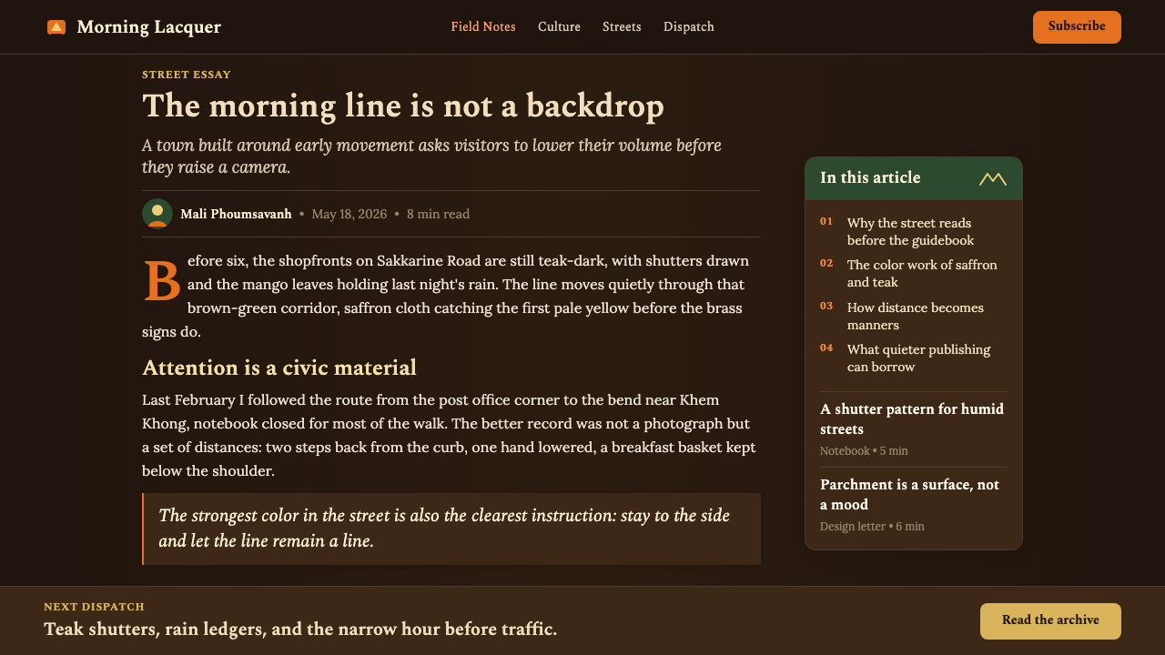 Luang Prabang Saffron Alms design style applied to a Article page