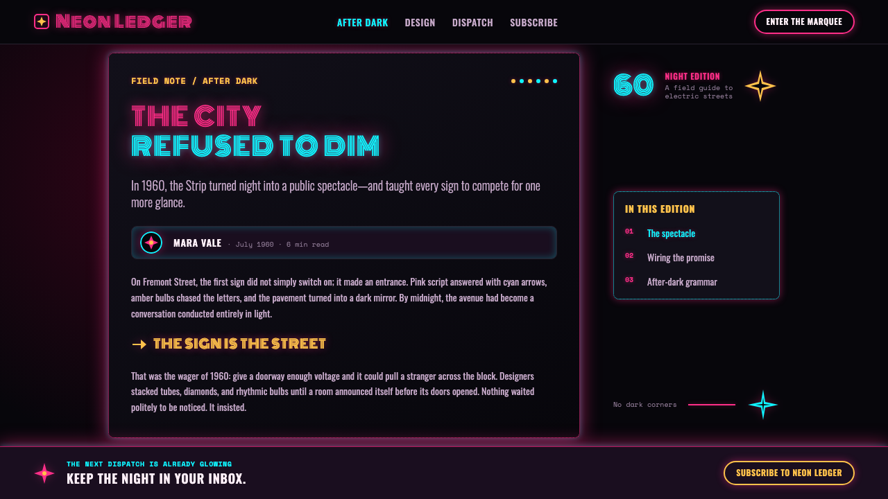 Las Vegas Neon (1960) design style applied to a Article page