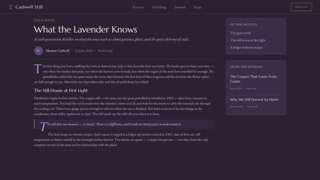 Lavender Distillery 设计风格用在文章页上