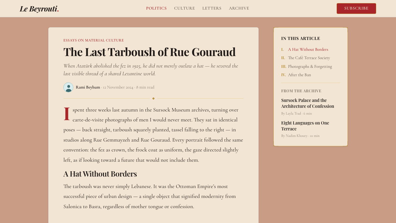 Lebanese Tarboush Belle Époque Beirut design style applied to a Article page