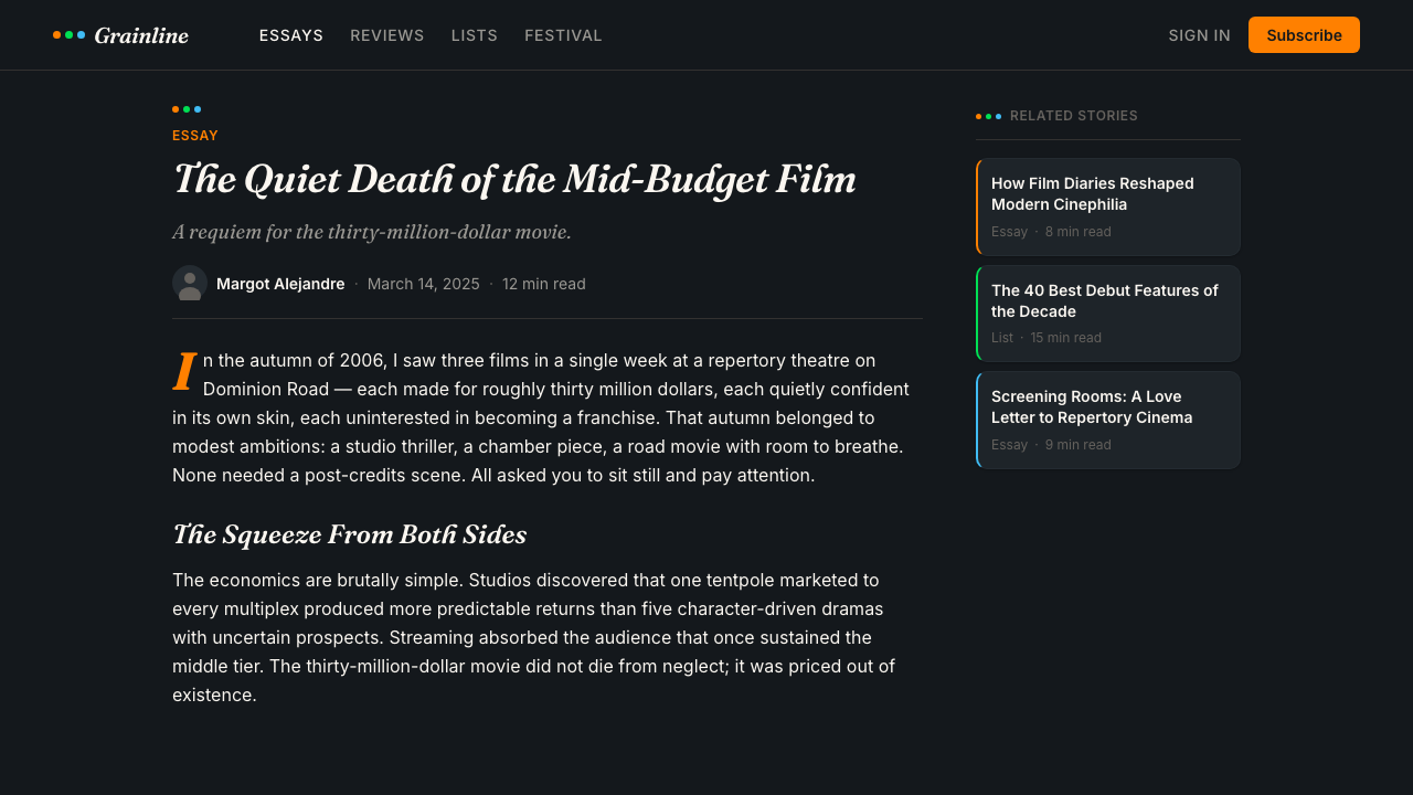 Letterboxd Cinephile Orange-Green design style applied to a Article page