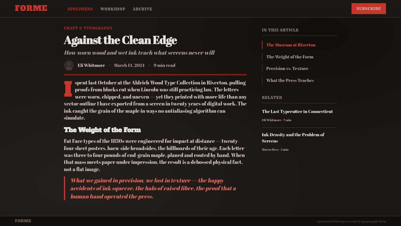 Wood Type Specimen design style applied to a Article page