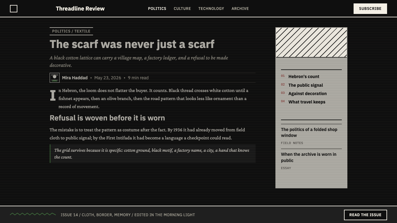 Levantine Keffiyeh Black & White design style applied to a Article page