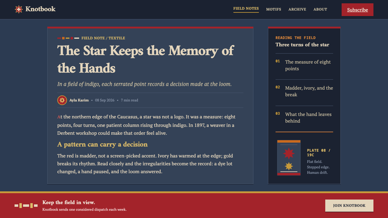 Lezgin Star Weave design style applied to a Article page