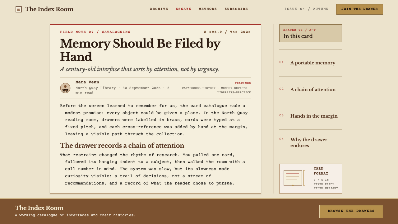 Card Catalogue Drawer design style applied to a Article page