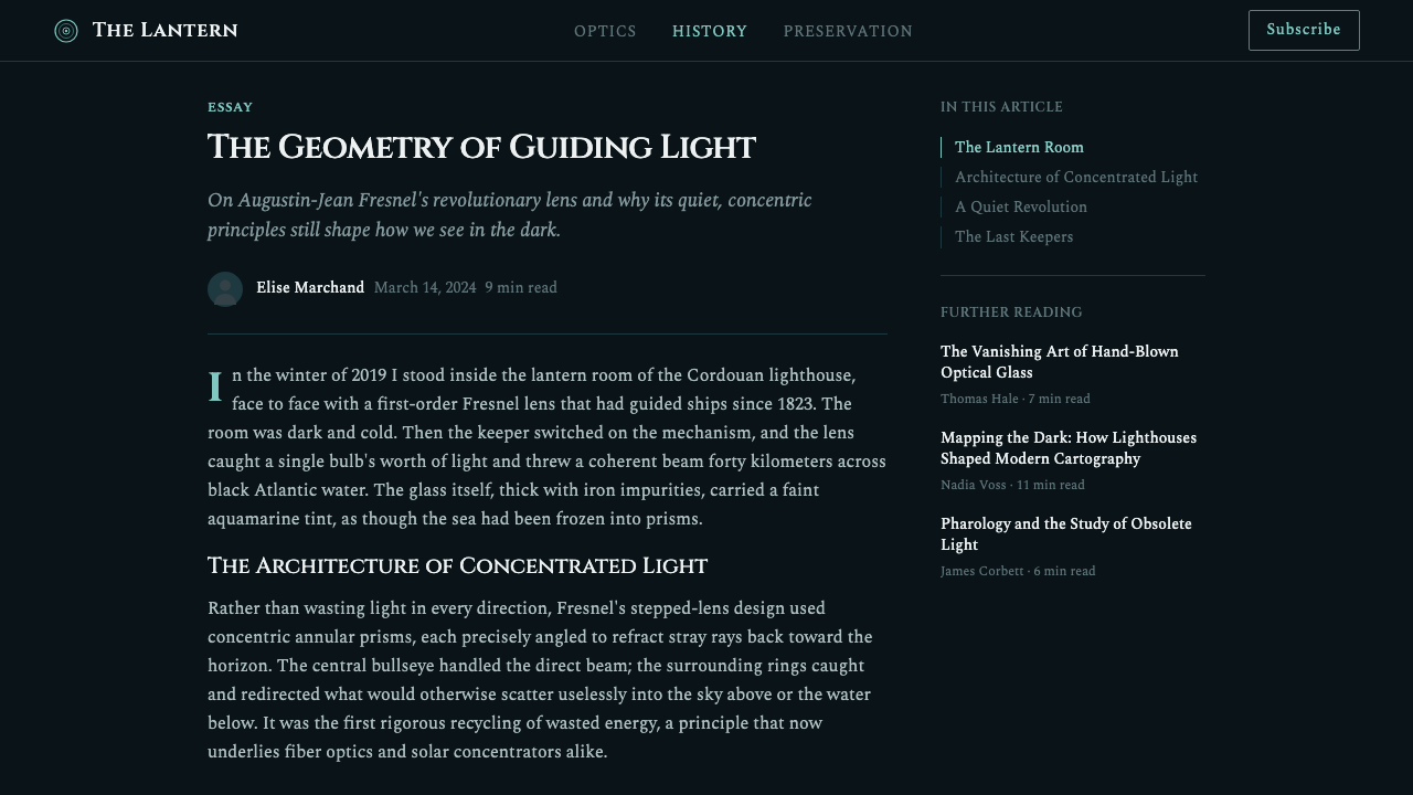 Fresnel Lighthouse Lens design style applied to a Article page