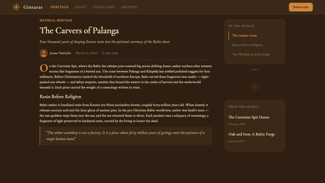 Lithuanian Amber (Baltic Pagan) design style applied to a Article page