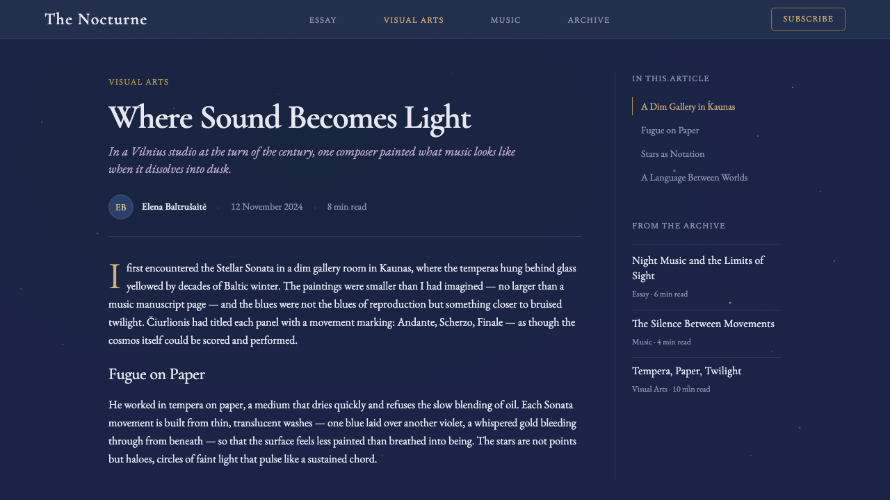 Čiurlionis Symbolism design style applied to a Article page