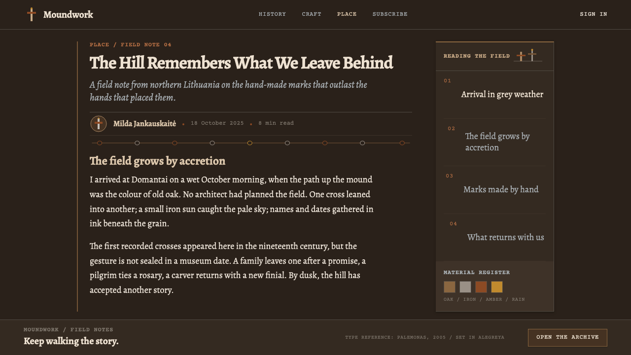 Hill of Crosses design style applied to a Article page
