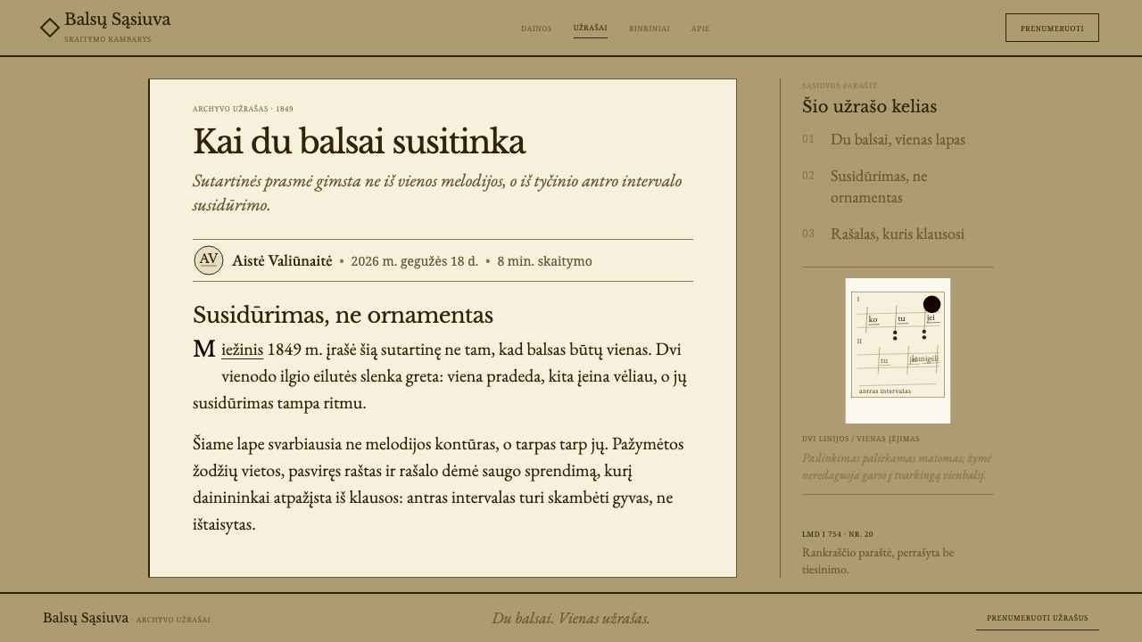 Sutartinės Notation design style applied to a Article page