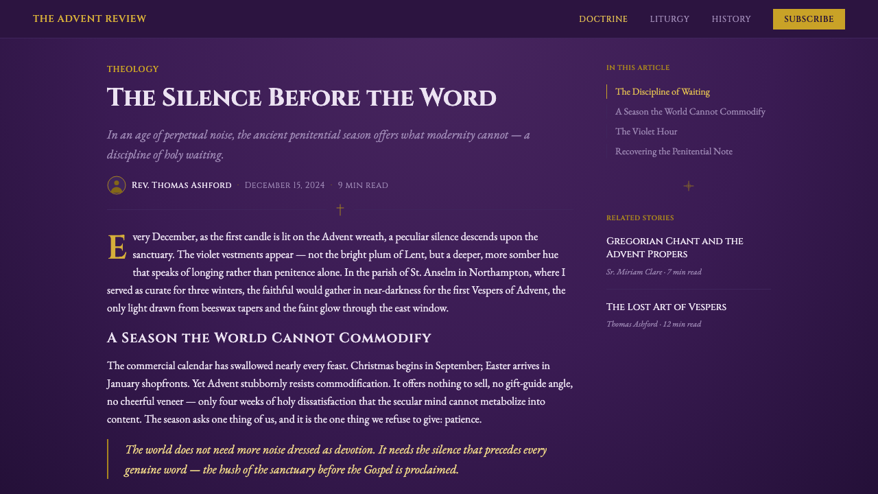 Liturgical Advent Violet design style applied to a Article page