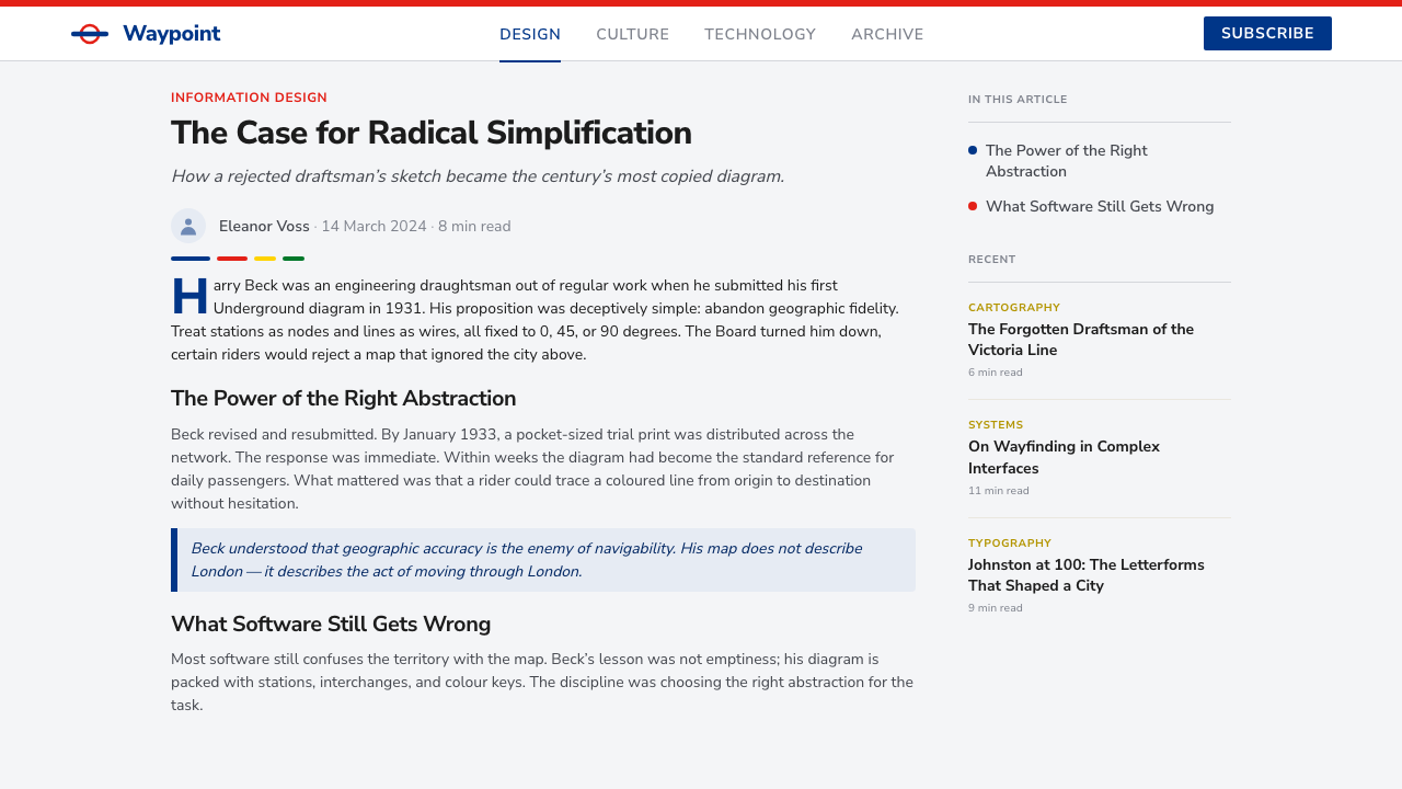 Tube Map (Beck) design style applied to a Article page