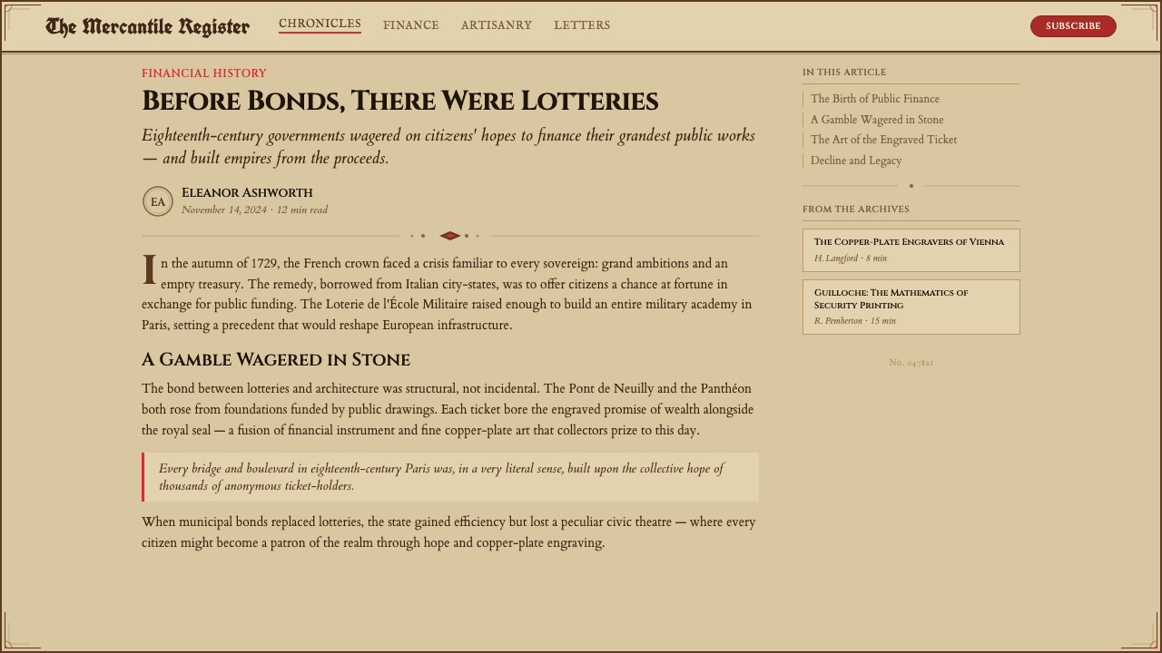 Engraved Lottery Ticket design style applied to a Article page