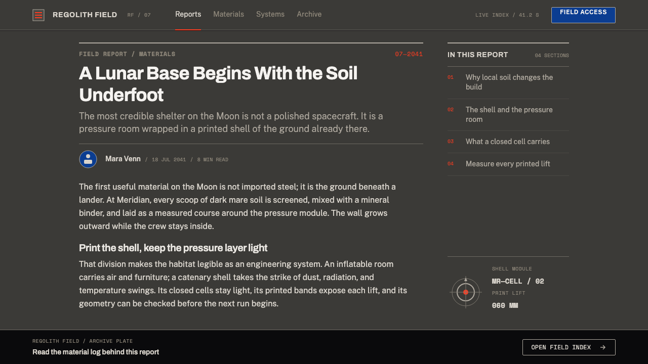 Lunar Regolith Settlement design style applied to a Article page