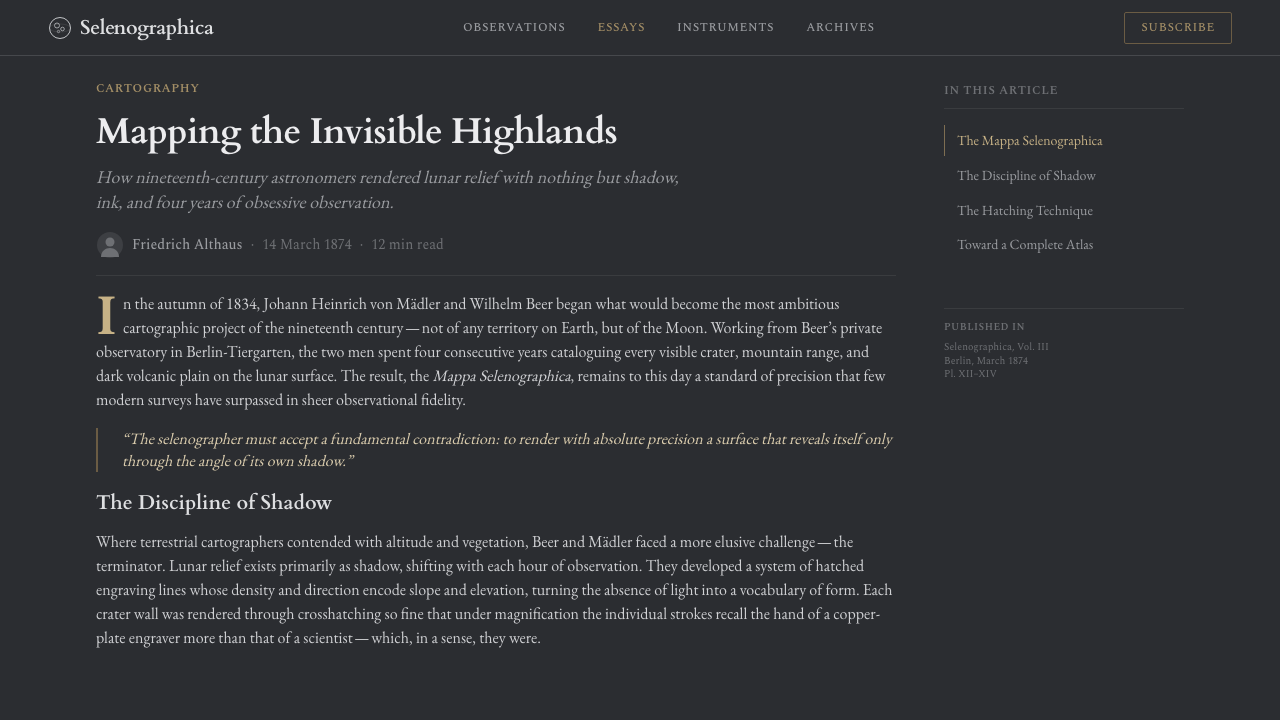 Lunar Selenography design style applied to a Article page