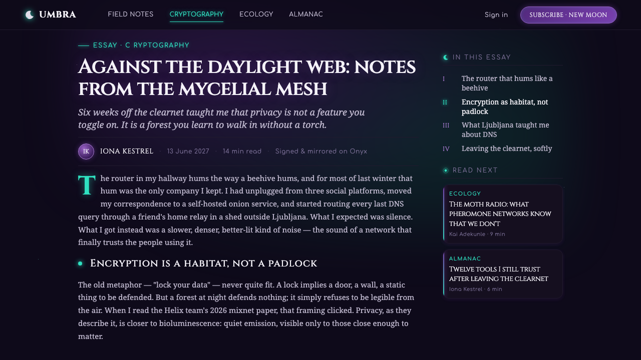 Lunarpunk design style applied to a Article page