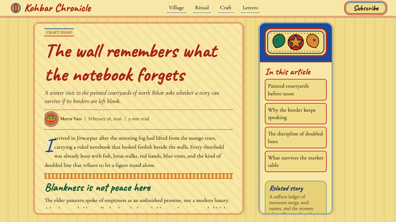 Madhubani Mithila (Bharni & Kachni) design style applied to a Article page