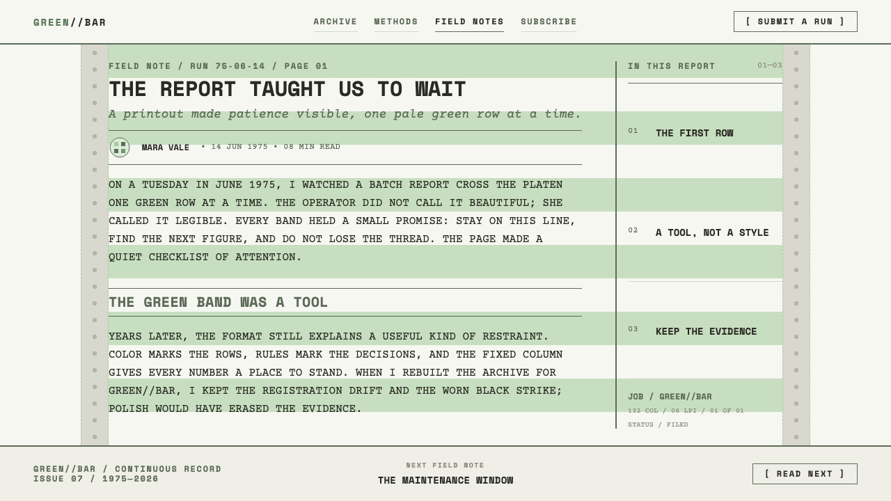 Green Bar Printout design style applied to an Article page