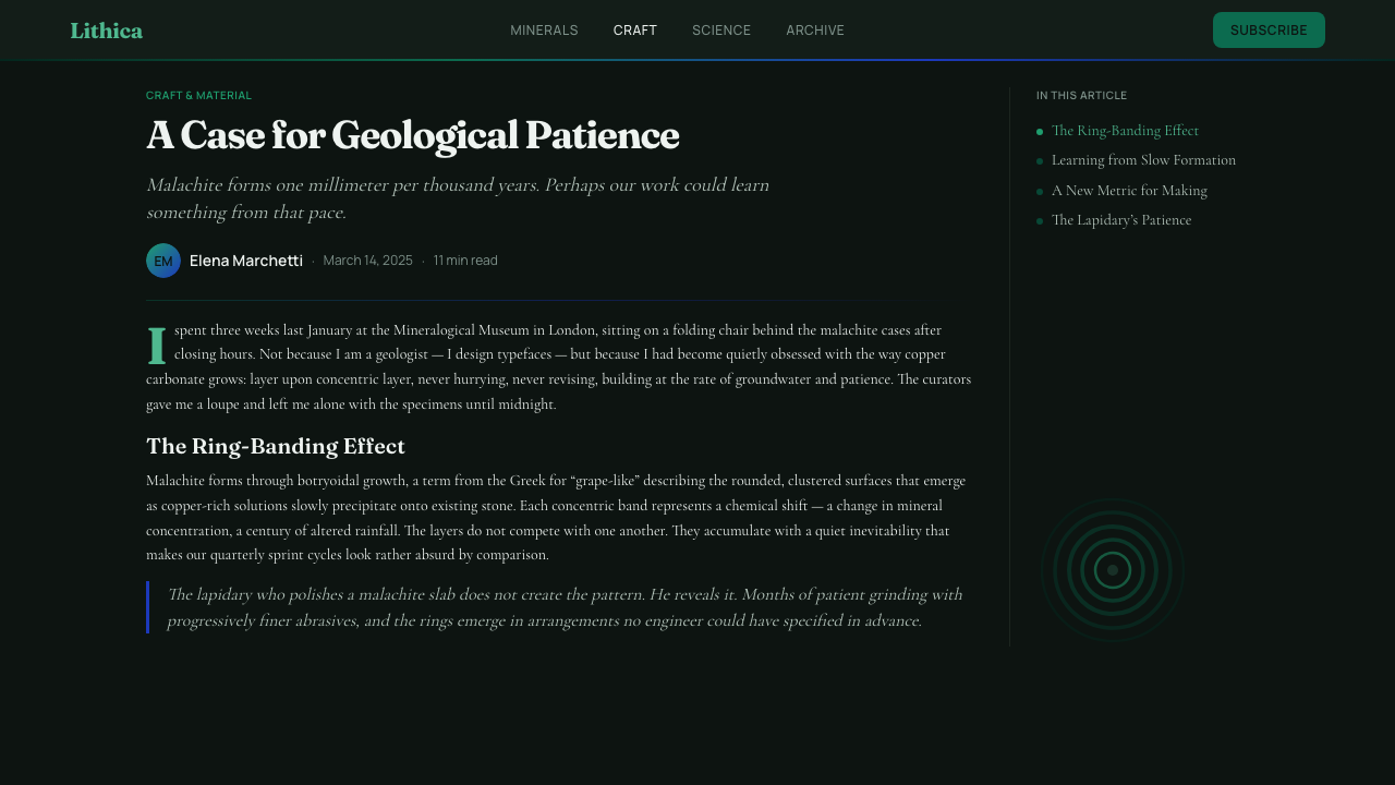 Malachite & Azurite design style applied to a Article page