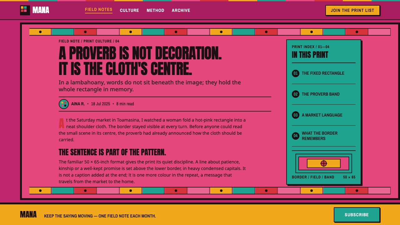 Malagasy Lamba Hoany design style applied to a Article page