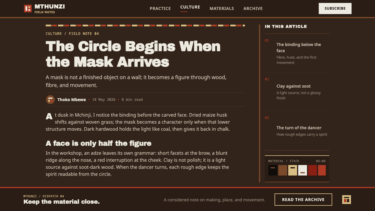 Gule Wamkulu Mask design style applied to a Article page