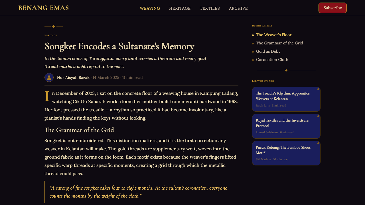 Malaysian Songket (Gold-Thread Weave) design style applied to a Article page