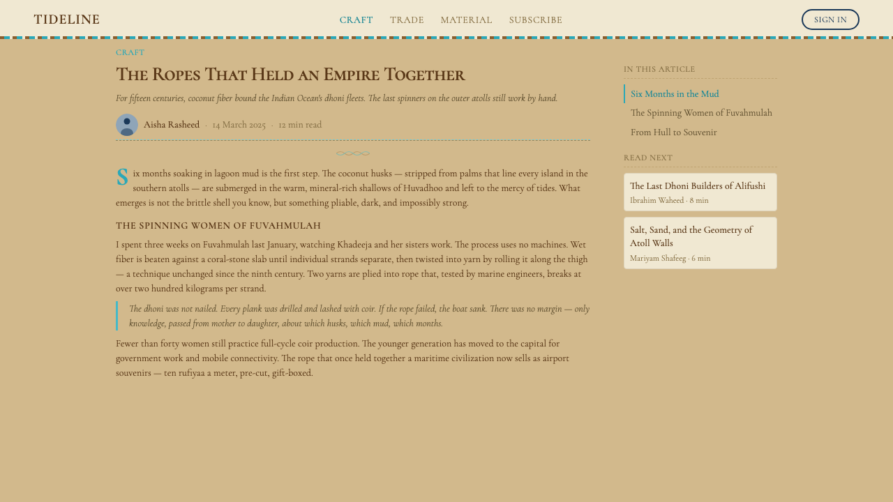 Maldivian Coir (Coconut Rope) design style applied to a Article page