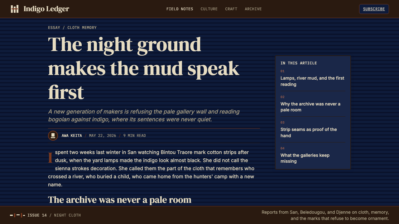 Malian Bogolan over Djenné Indigo design style applied to a Article page
