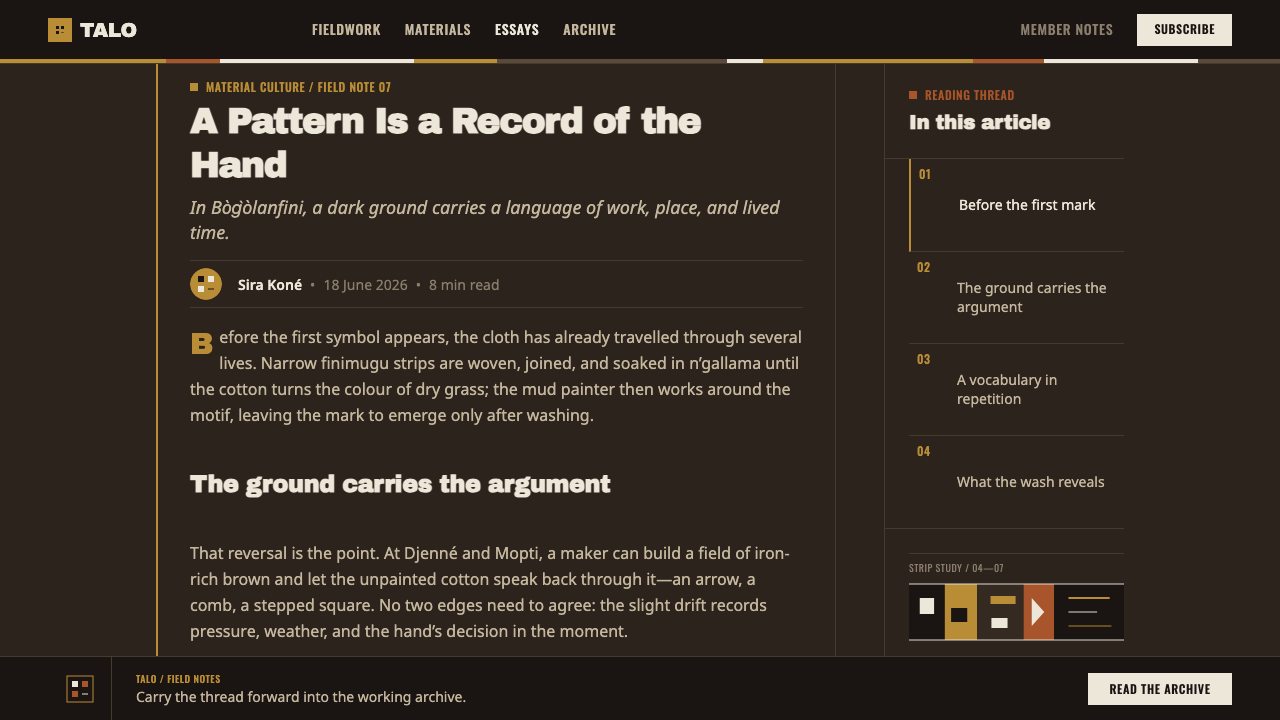 Bogolanfini Mudcloth design style applied to a Article page