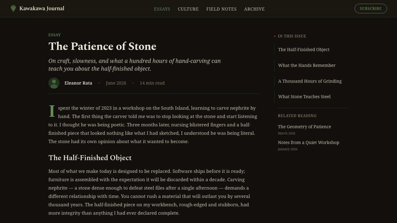 Māori Hei-Tiki Pounamu design style applied to a Article page