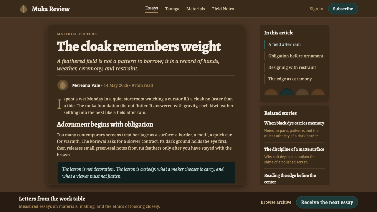 Māori Korowai Feather Cloak design style applied to a Article page
