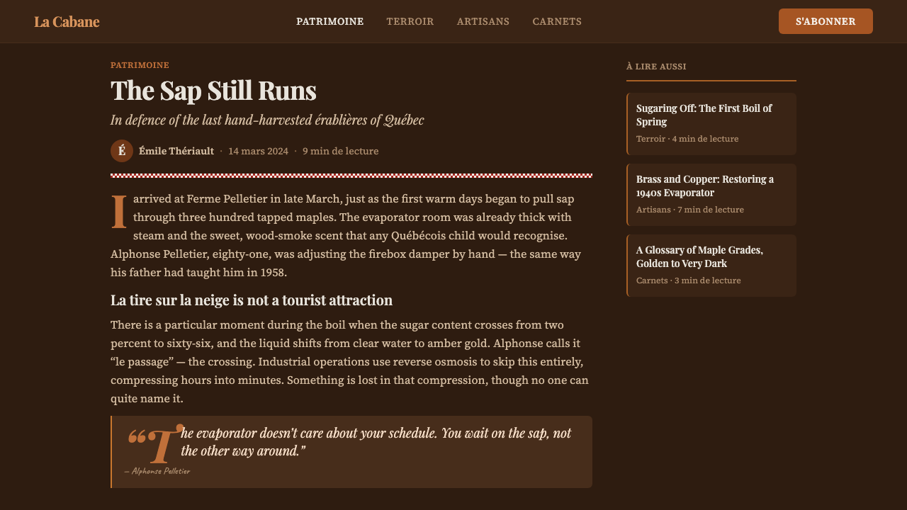 Québec Maple Sugar Shack design style applied to a Article page