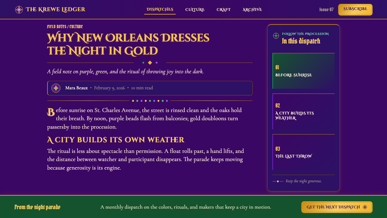 Mardi Gras New Orleans design style applied to a Article page