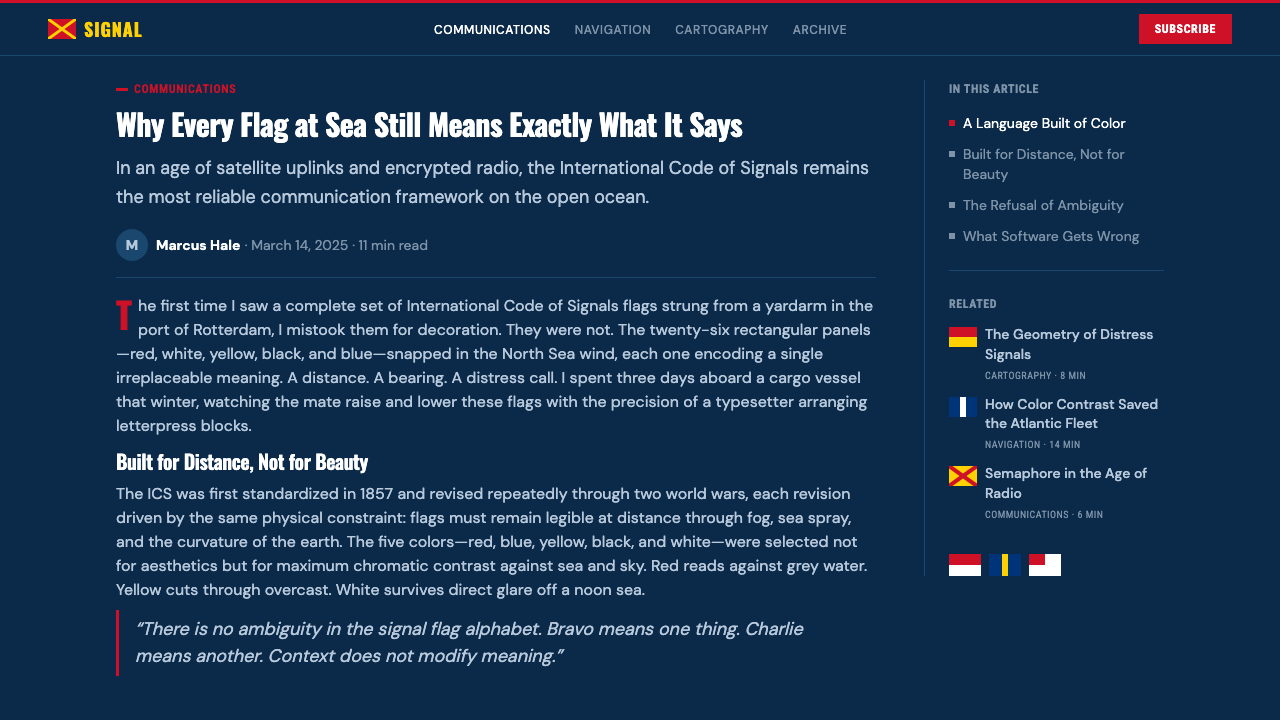 Maritime Signal Flags design style applied to a Article page