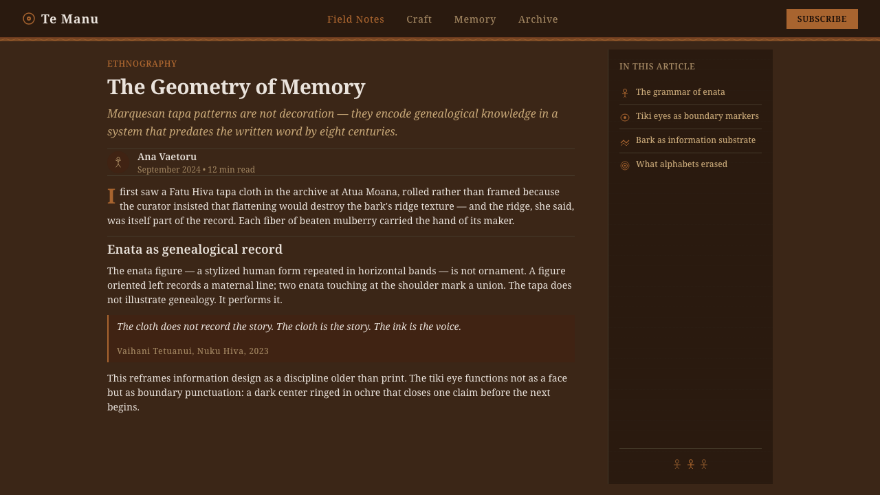 Marquesan Enata Tapa Motif design style applied to a Article page