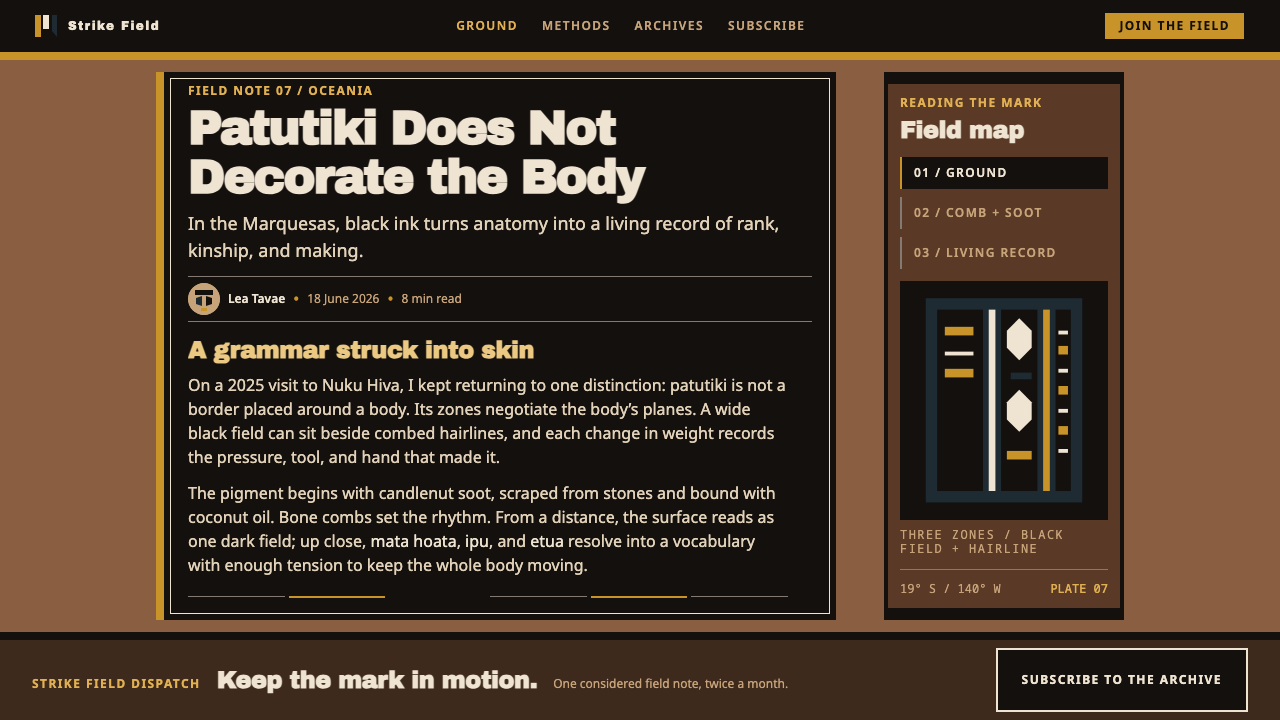 Marquesan Patutiki design style applied to a Article page