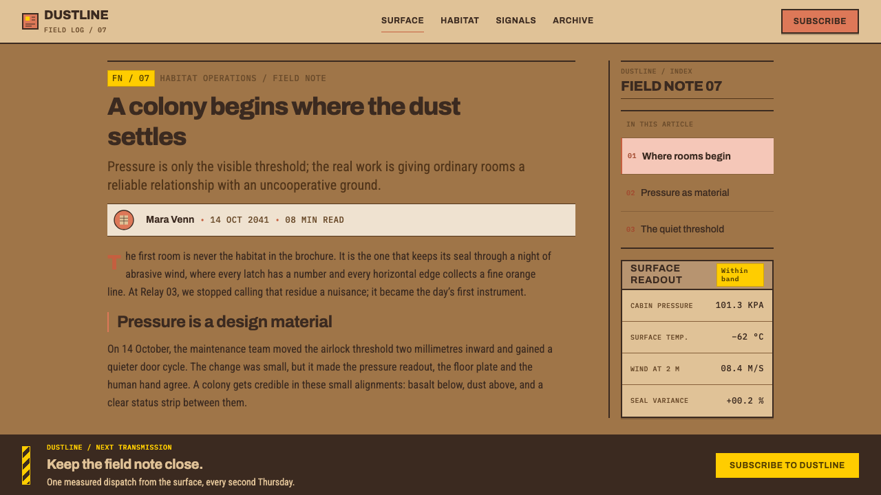 Martian Dust Colony design style applied to a Article page