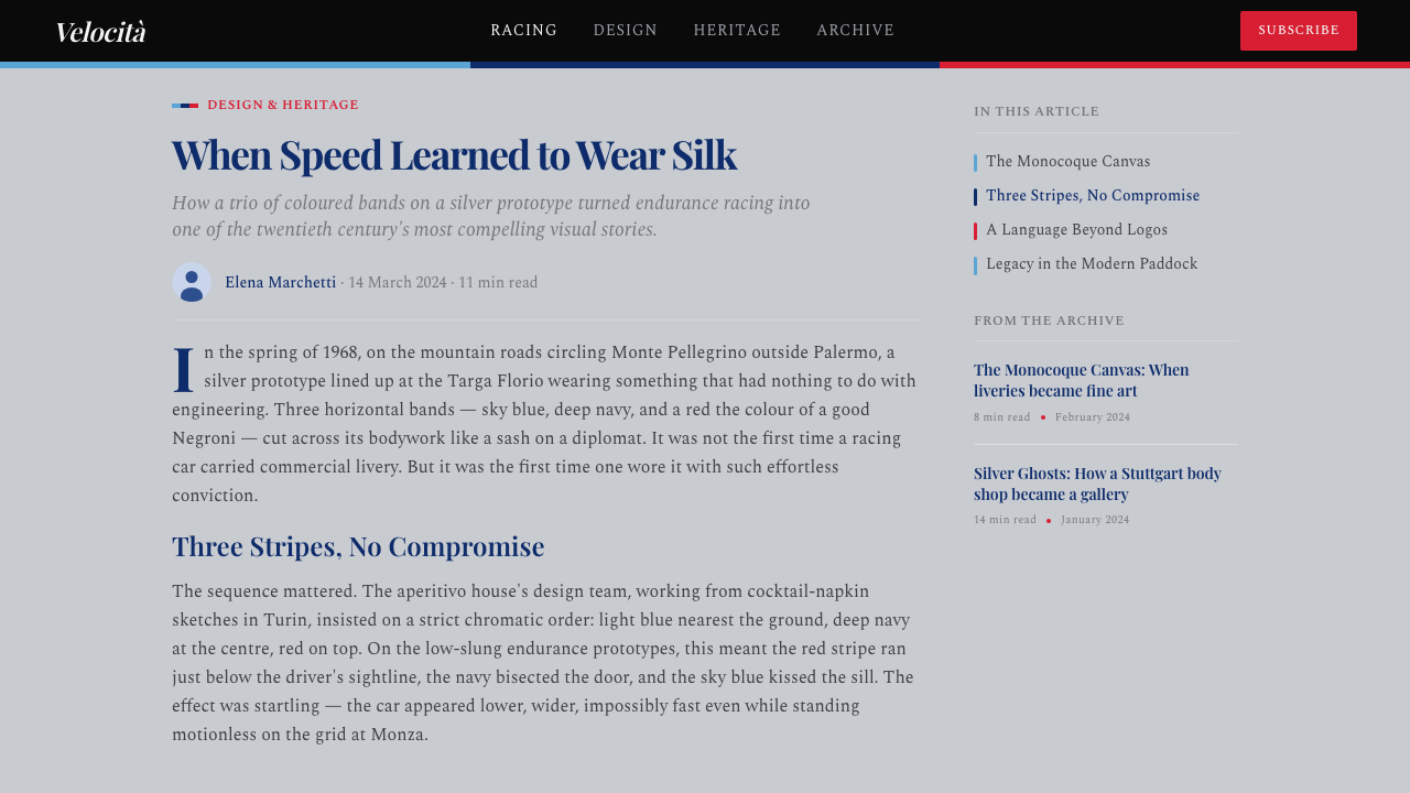Martini Racing Stripes design style applied to a Article page