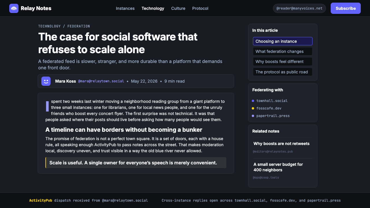 Mastodon Fediverse Elephant (2017) design style applied to a Article page