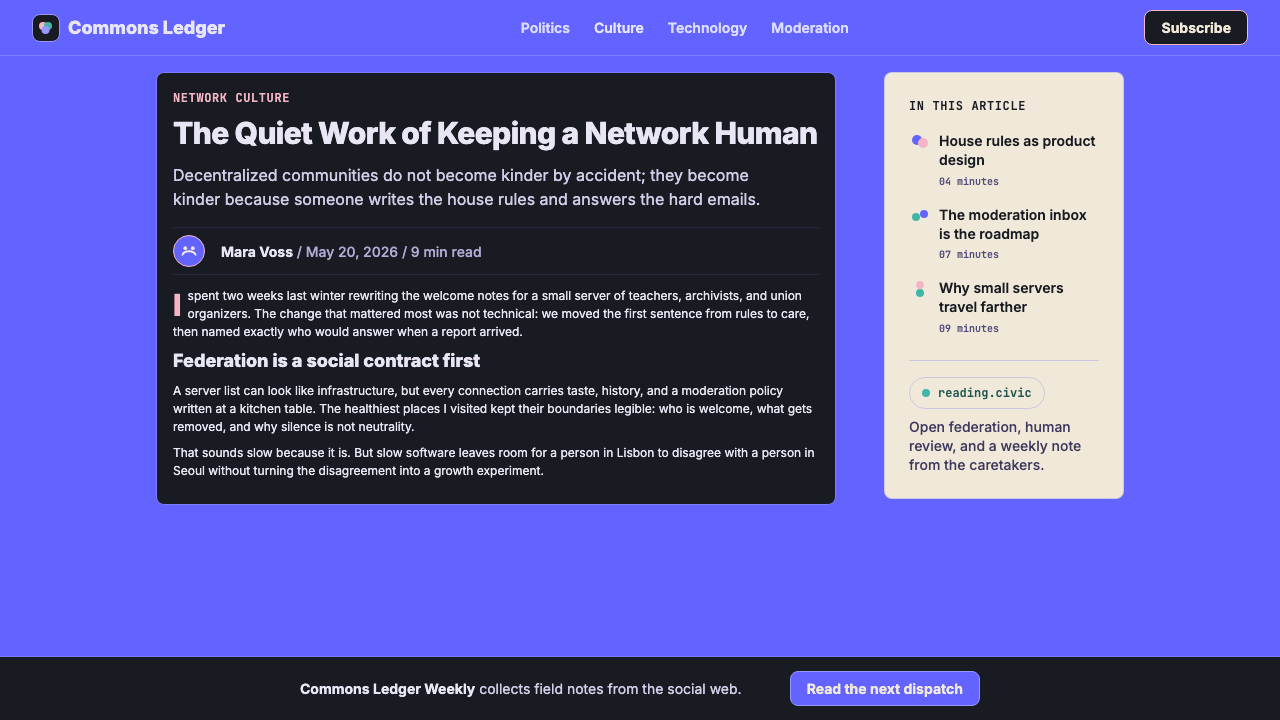 Mastodon Fediverse design style applied to a Article page