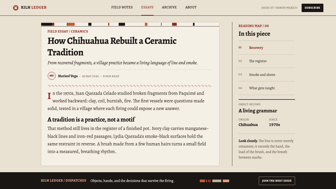 Mata Ortiz Pottery design style applied to an Article page