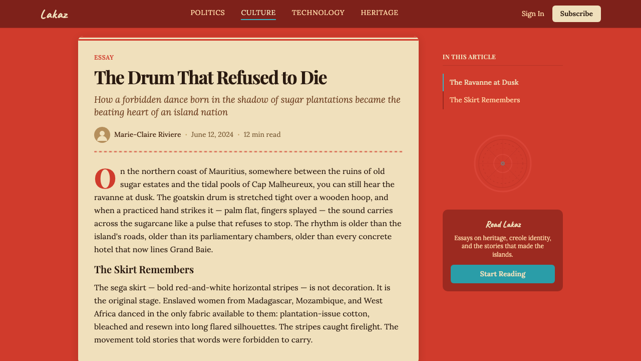 Mauritian Sega Creole (1810) design style applied to a Article page