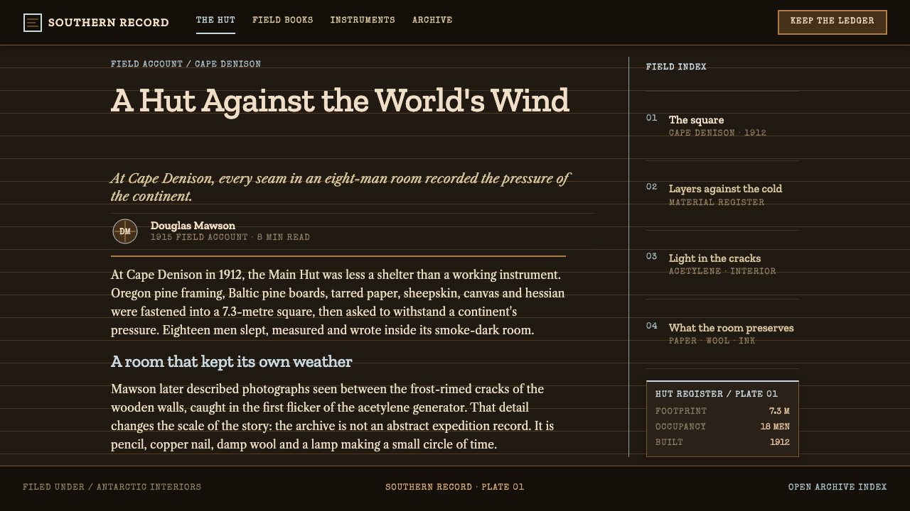 Mawson's Hut Expedition design style applied to a Article page