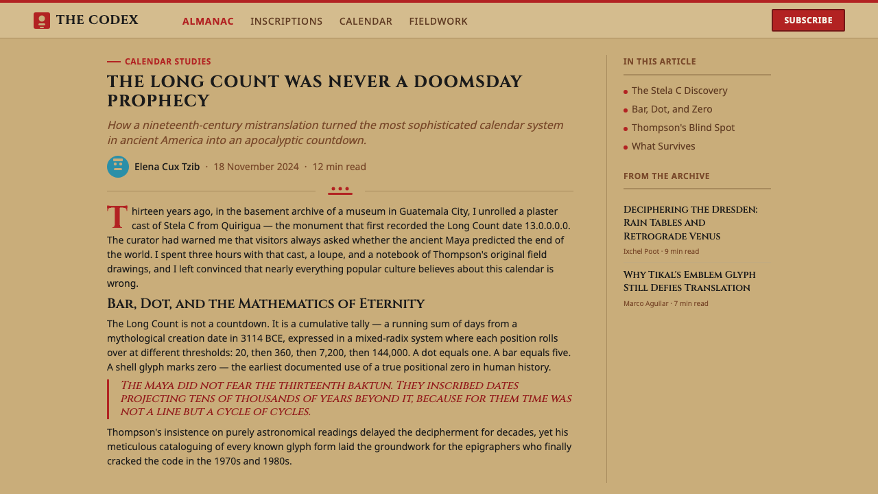 Maya Glyph Codex design style applied to a Article page